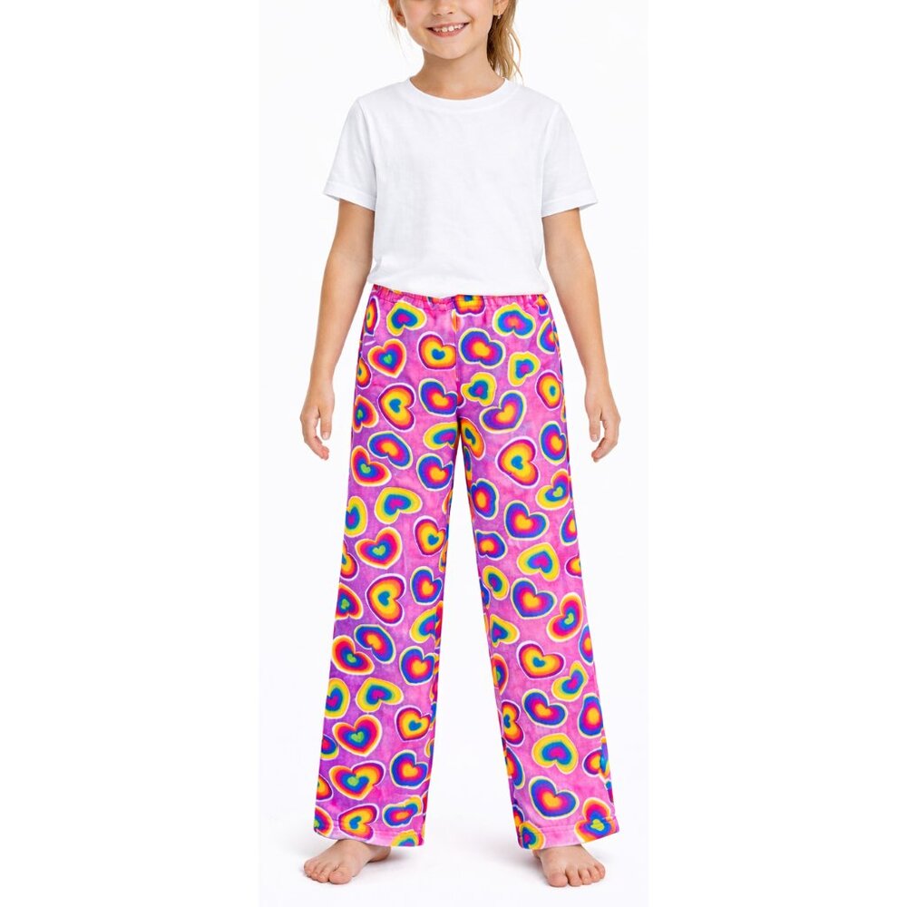 Girls Rainbow Heart Pajama Pants Soft Fleece Lounge PJ Bottoms, Junior Small NEW
